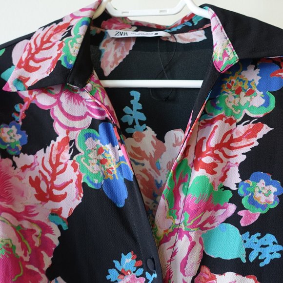 Zara black pink floral blouse shirt top S SM Small - Picture 10 of 16